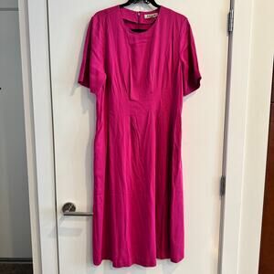 New Boden Pleated Midi Dress Pink Round Neck Back Zip Short Sleeve Sz 12